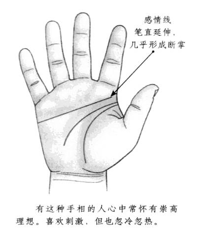 感情线形态笔直，向前方延伸，几乎形成断掌