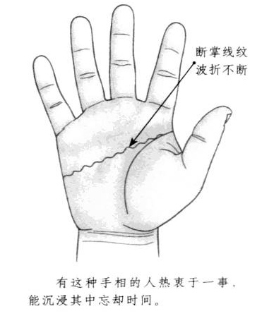 手中形成了断掌，且线纹呈现出弯折不断的形状